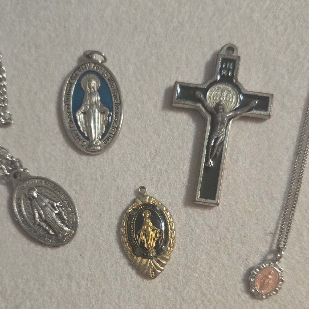 Catholic Silvertone And Goldtone Religious Pendant Necklace Vintage